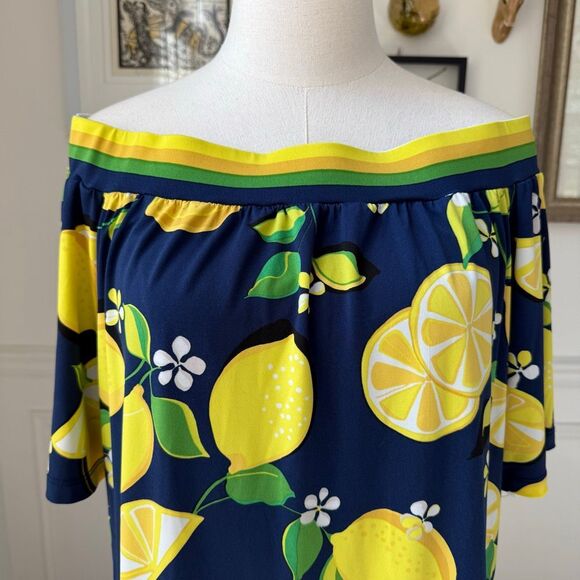 Trina Turk Kelso Lemon Print Off The Shoulder Dress Blue Yellow M - Picture 3 of 9